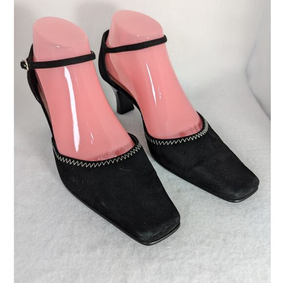 Impo Black suede 7.5B heels 2.5" Ankle strap white zig zag decorative stitching - Picture 1 of 12